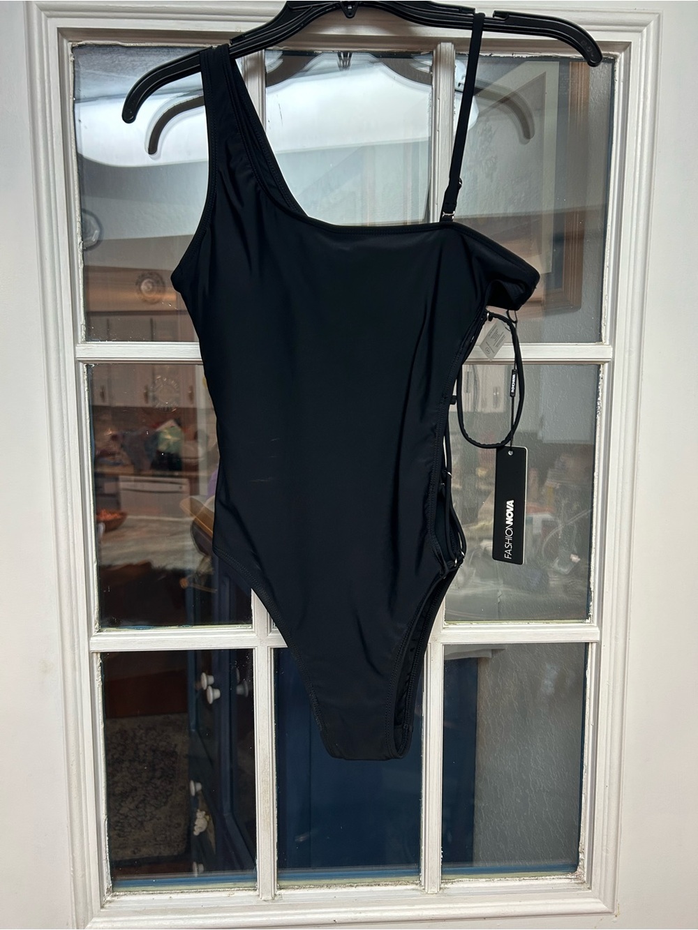 Fashion Nova Black One-Shoulder Asymmetric Swimsuit